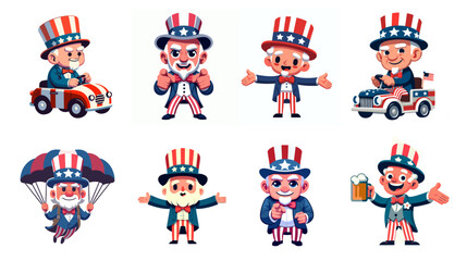 A vector illustration set of patriotic senior citizens dressed as Uncle Sam, enjoying July 4th Independence Day, isolated on a white background