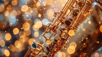 Detailed view of saxophone mechanisms against a backdrop of golden bokeh lights, highlighting...