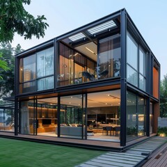 Contemporary Modular Home with Striking Black Metal and Glass Facade