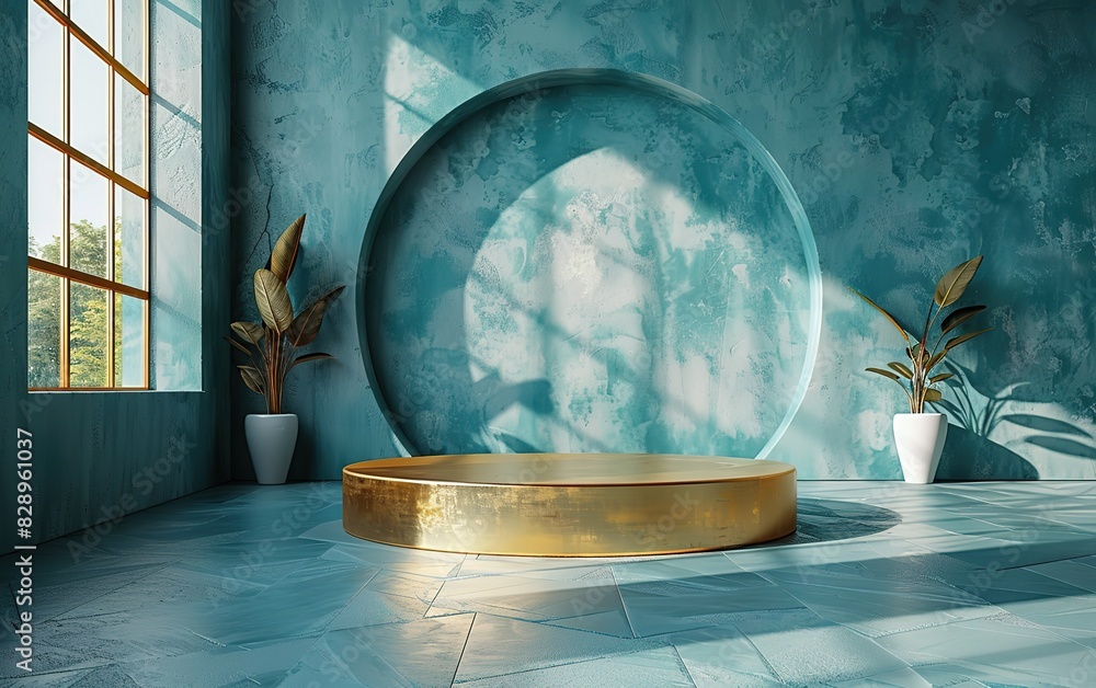 Poster 3d rendering of a golden podium on a teal background with a shadow for product presentation.
