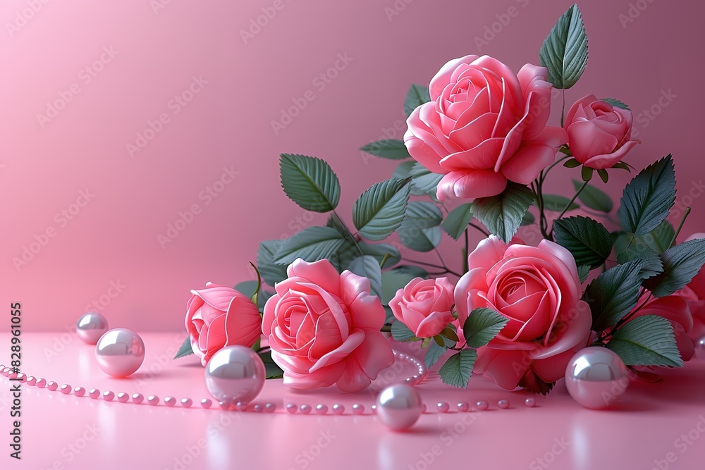 Poster 3d rendering of a valentine's day podium with roses and pearls on a pink background for product disp