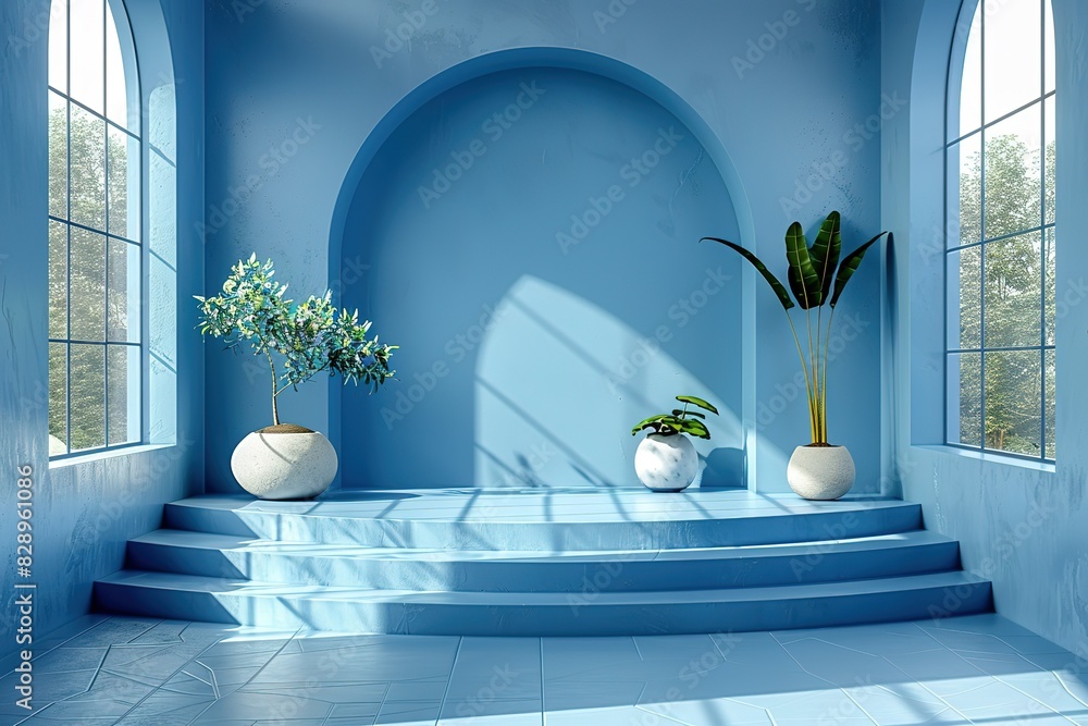 Poster 3d rendering of an empty podium with a light blue background for product presentation