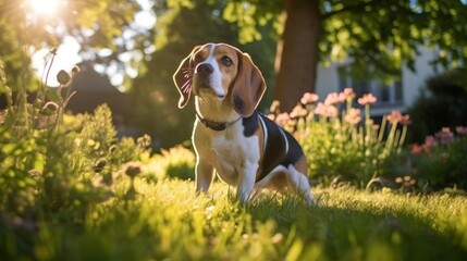 Happy Beagle exploring vibrant garden - High-resolution image capturing inquisitive dog among lush greenery and dappled sunlight