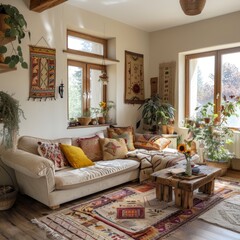 Fototapeta premium Bohemian Oasis: Ethnic Living Room in a Charming Farmhouse