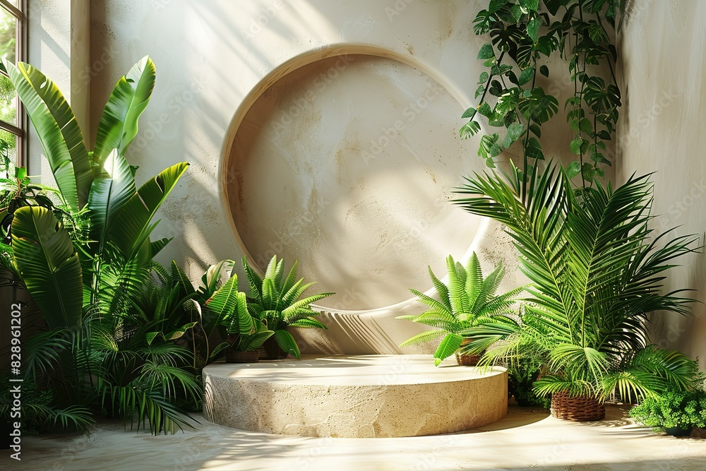 Poster 3d rendering of an empty podium with tropical leaves on a beige background for a product presentatio