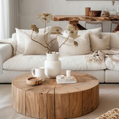 Round Wood Coffee Table in Scandinavian Living Room