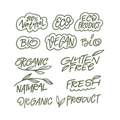 Eco-friendly labels with natural, vegan, organic, and gluten free signs for fresh and bio products