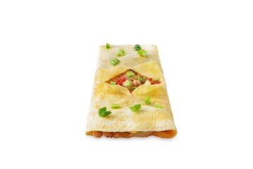 Spicy ground pork stuffed omelette, kai yat sat, on a white isolated background