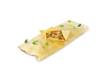 Spicy ground pork stuffed omelette, kai yat sat, on a white isolated background