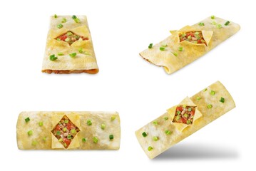 Spicy ground pork stuffed omelette, kai yat sat, on a white isolated background