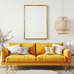 Modern Scandinavian Living Room with Yellow Sofa and Blank Poster