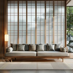Sofa and cabinet against grid windows: Modern Japanese living room