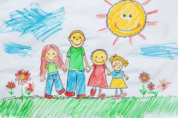 Crayon Drawing. Cheerful Family Artwork of Mother and Child Outdoors