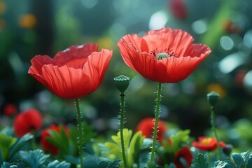 A closeup of two vibrant red poppies standing tall in the midst of lush green grass, with soft focus on distant flowers and plants.