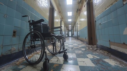 Abandoned wheelchair in an old, decaying hallway with chipped paint and a feel of desolation
