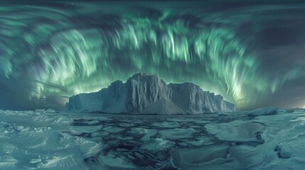 A mesmerizing aurora borealis display sweeps over an icy mountain and frozen terrain in a polar environment