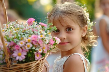 Fototapeta premium Wedding Flower Girl with Bridesmaids and Children Carrying Flower Baskets