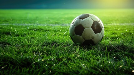 Obraz premium Grass Dark. Soccer Stadium Field with Ball on Background of Tribune and Arena