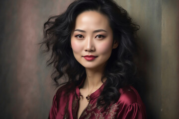 Fototapeta premium Elegant Chinese Woman with Curly Hair in Red Dress Posing Gracefully Indoors