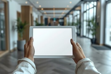 A woman's hands hold a white tablet with a blank screen, pointing on the touch display in an office building entrance