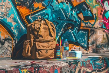 A backpack with school supplies laid out in front of it including a lunch box and water bottle set...