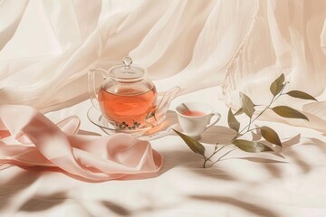 A glass teapot of wolfberry tea lies on oiled leaves and a small cup with some pink liquid against a light beige background luxury or a high end brand image