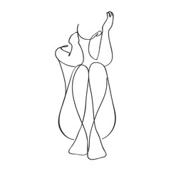 The woman's sitting pose continues the line art drawing. Minimalist outline poster design. Modern artwork.