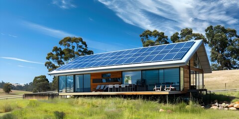 Solar panels on a modern country house in a remote rural setting. Concept Solar Energy, Sustainable Living, Rural Architecture, Modern Design, Country House