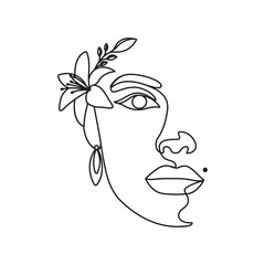 Women's faces with flowers line art. Female outline drawing. Organic natural elements beauty salon line art and minimal illustration.