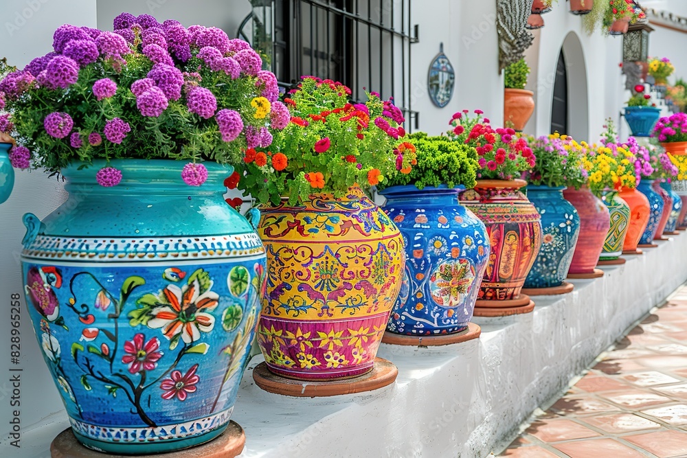 Poster a row of colorful vases with flowers on them