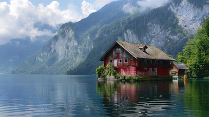 Fototapeta premium Holiday Construction. Shabby Old Building on Water Near Marvellously Picturesque Mountain