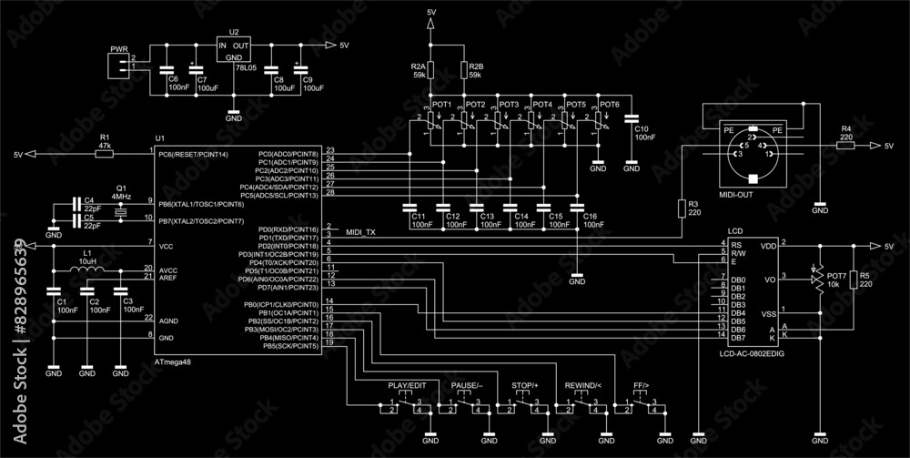 Poster schematic diagram of electronic device. vector technical drawing electrical circuit with microcontro