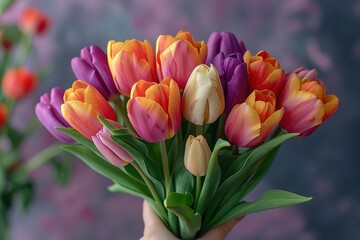 A bouquet of flowers with a variety of colors including orange, purple