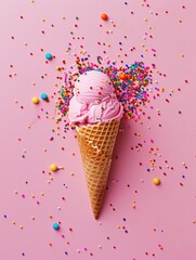 Ice Cream Design. Minimalist Summer Background with Pink Ice Cream Cone and Deconstructed Recipe
