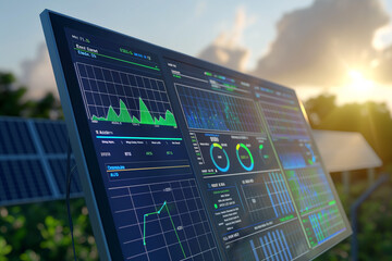 Close-up of a solar energy monitoring system display showing real-time data on production, consumption, and efficiency of solar energy