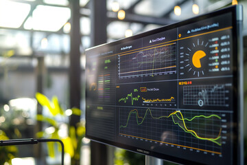 Close-up of a solar energy monitoring system display showing real-time data on production, consumption, and efficiency of solar energy