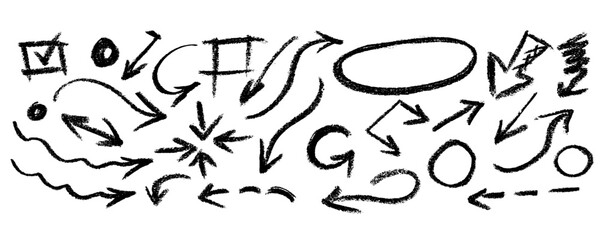Collection of arrows. One-stroke drawing. Hand-drawn by brush. Straight, round, thick, thin, spiral signs and icons.