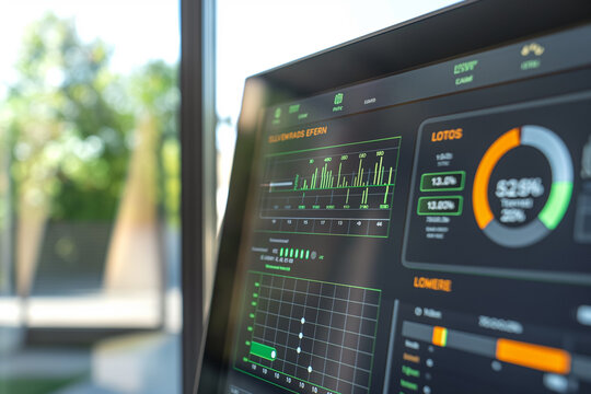 Close-up of a solar energy monitoring system display showing real-time data on production, consumption, and efficiency of solar energy