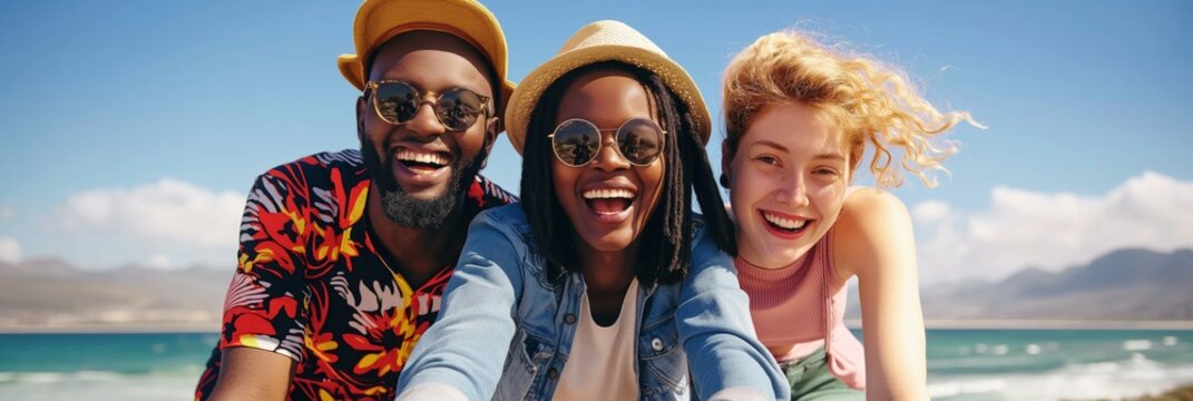 A group of three diverse friends with their faces blurred out, enjoying time together on a sunny beach