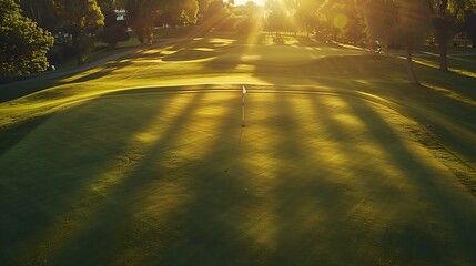 Golf course with a dramatic sunset casting long shadows across the green.