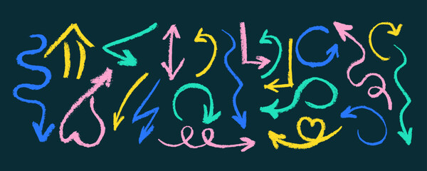 Colored charcoal arrows and doodle patterns collection. Pencil childish drawing elements. Naive playful abstract textures in doodle grunge style. Squiggles and curved arrows. Vector crayon lines.