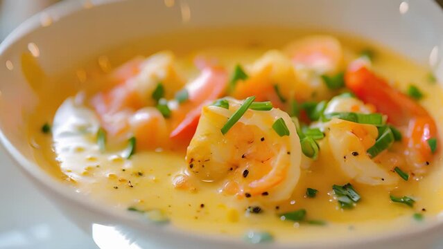 A twist on traditional seafood bisque with chunks of dragonfruit and shrimp swimming in a creamy broth.