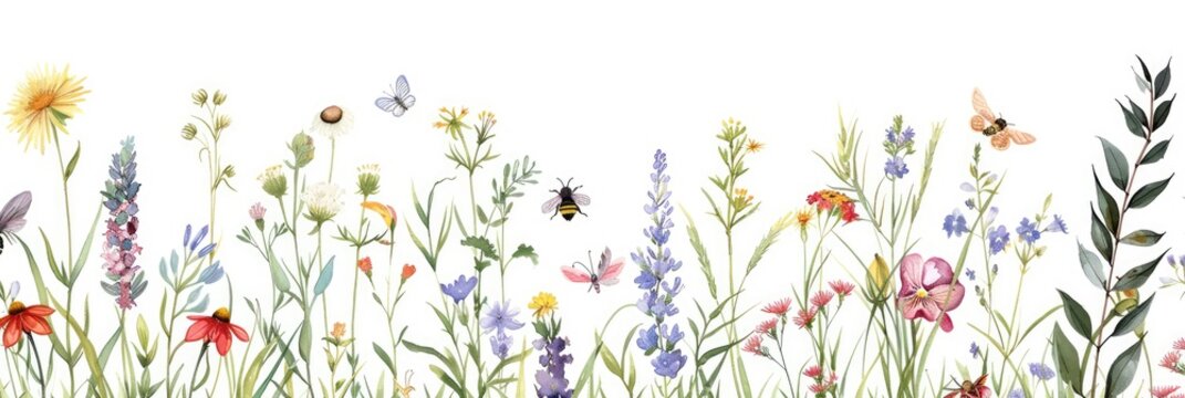 Botanical Wildflowers. Seamless Rim with Medicinal Herbs, Bees and Leaves Border. Watercolor Illustration on White Background