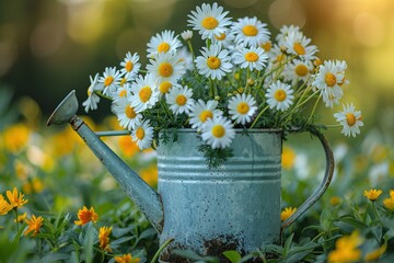 A metal watering can filled with white flowers