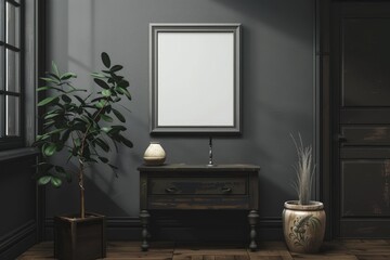 Gallery Illustration. Square Poster Frame in Dark Living Room Interior with Drawer and Art Decoration