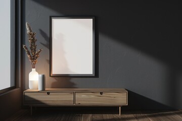 Gallery Illustration. Dark Living Room Interior with Square Frame Poster Decoration