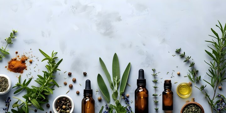 Healing products made with natural ingredients such as herbs, essential oils, and aromatherapy. Concept Natural ingredients, Healing products, Herbs, Essential oils, Aromatherapy
