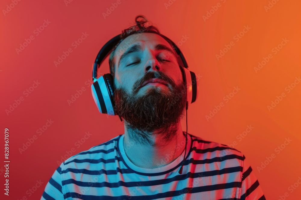 Wall mural bearded man listening to music with neon background. emotions concept.