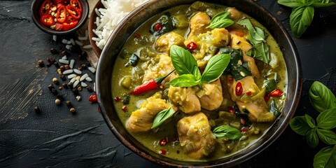 Chicken Green Curry Bowl with Jasmine Rice and Basil from a Bird's Eye View. Concept Food Photography, Chicken Dish, Green Curry Bowl, Jasmine Rice, Bird's Eye View