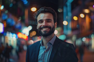 Obraz premium Happy man in stylish suit smiling in night city.